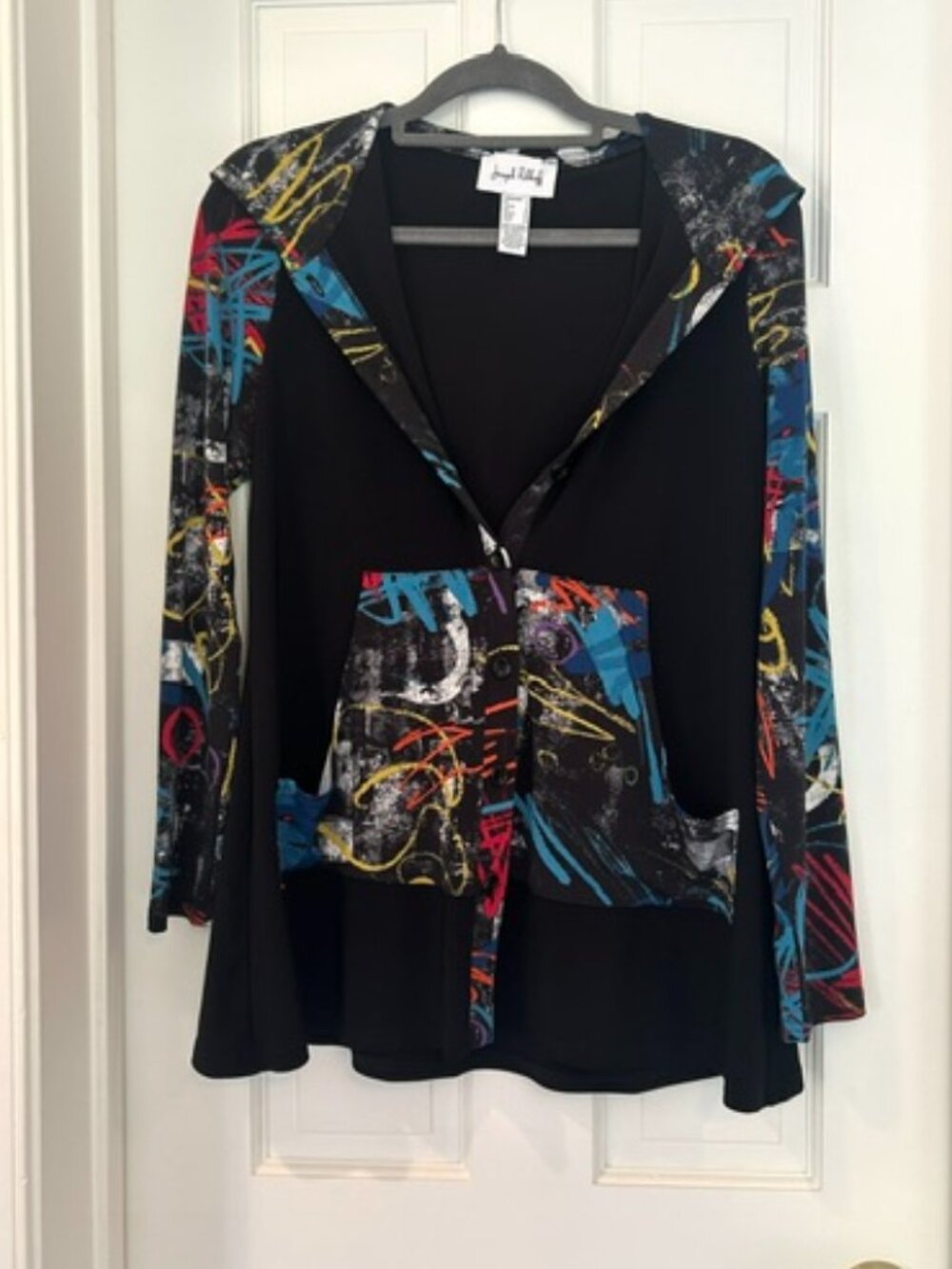 Joseph Ribkoff Black Abstract Print Hooded Tunic Jacket Size 2